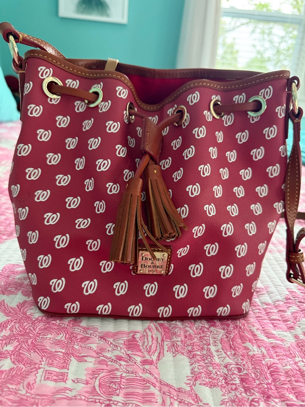 Dooney & Bourke Red Bucket Shoulder Bag with Tan Trim